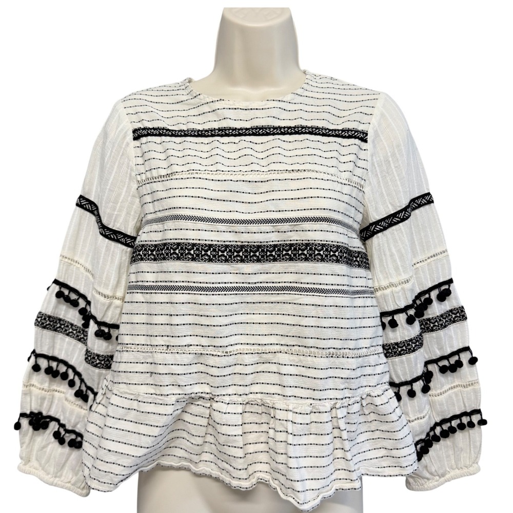 Womens Boho Top XS White Black Boho Striped Peplum Feminine‎ Cottagecore Peasant